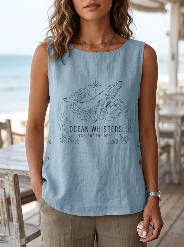 Women's Ocean Lover Whale Compass Printed Sleeveless Tank Top