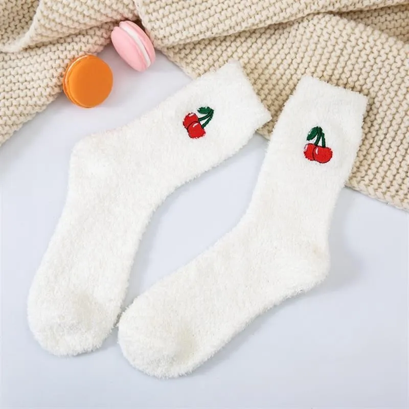 Plush Fruit Embroidered Crew Socks