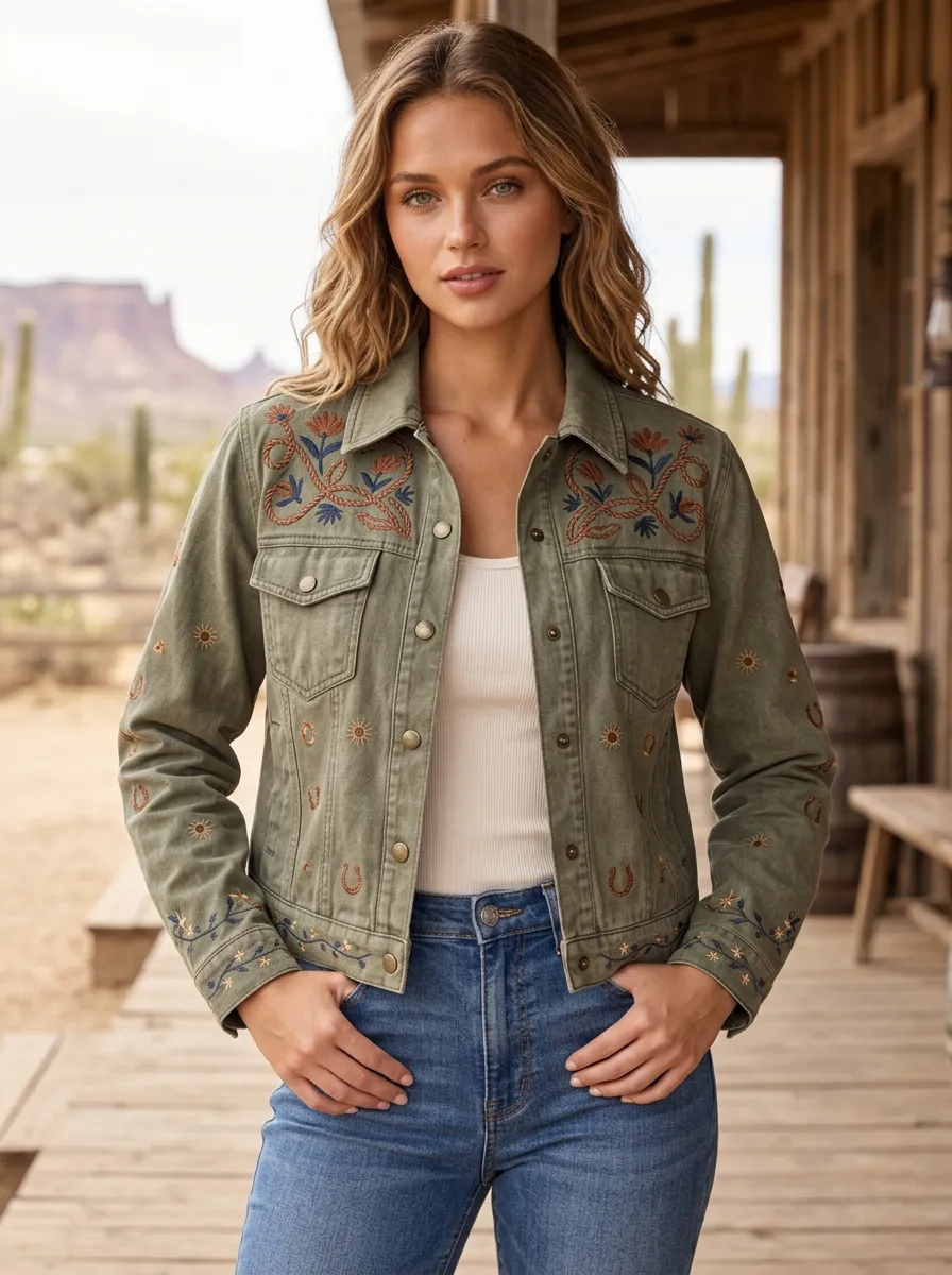 Women's Western Cowboy Horseshoe Horse Floral Embroidery Floral Denim Jacket
