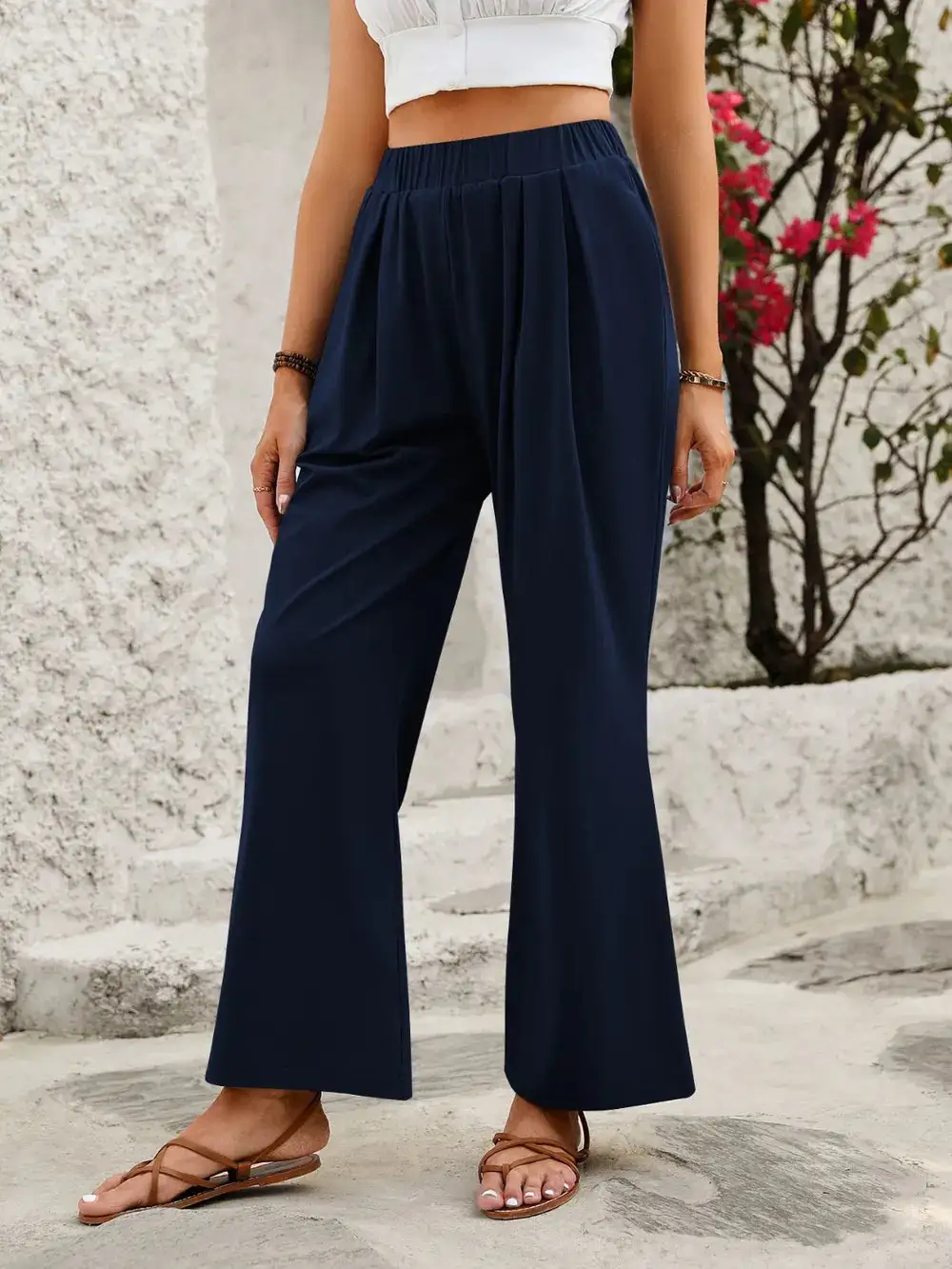 Wide Leg Elastic Waist Pocketed Everyday Pants