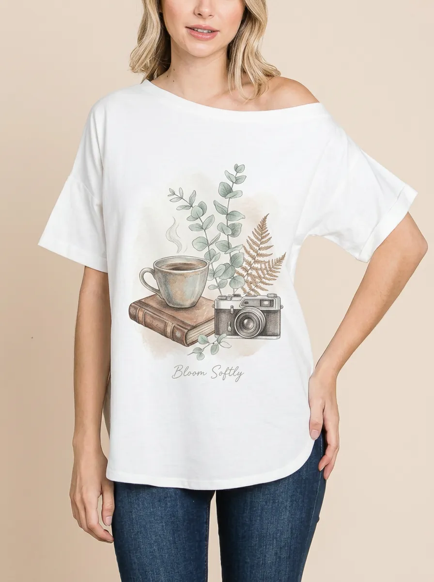Women's Coffee Book Camera Botanical Printed T-shirt