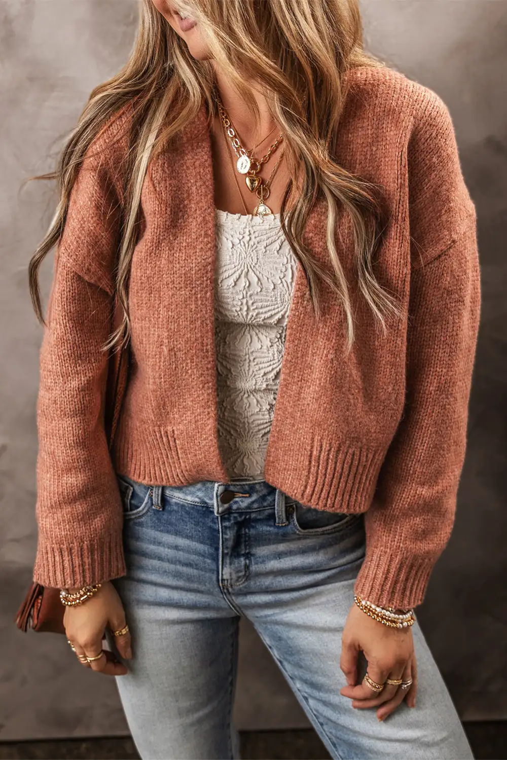 Open Front Drop Shoulder Cropped Cardigan