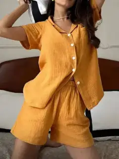 Pocketed Cotton Shirt and Shorts Matching Set