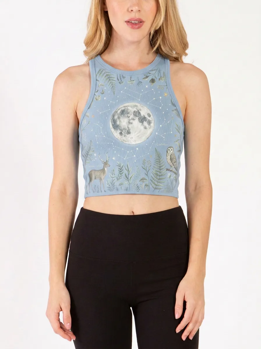 Women's Celestial Forest Moon Deer Owl Printed Crop Top