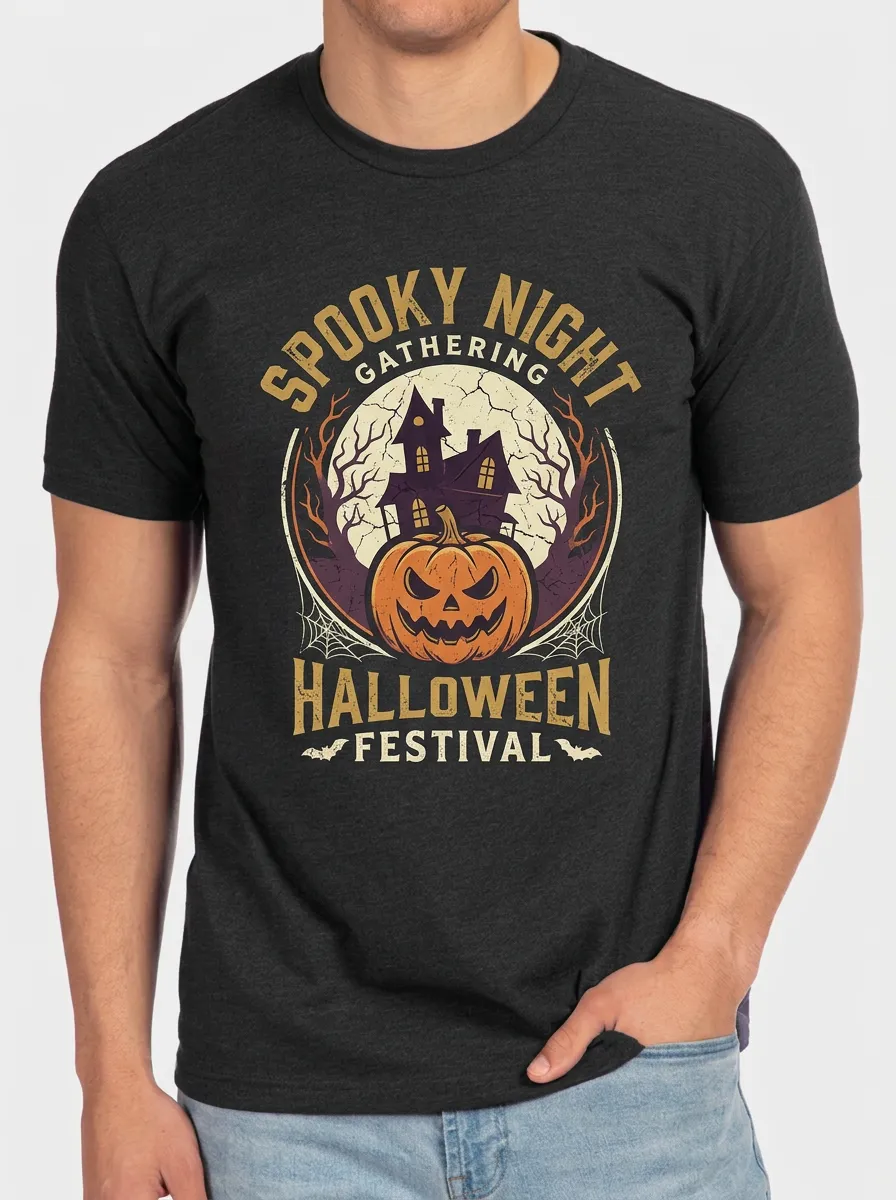 Men's Halloween Spooky Night Pumpkin Haunted House Printed T-shirt
