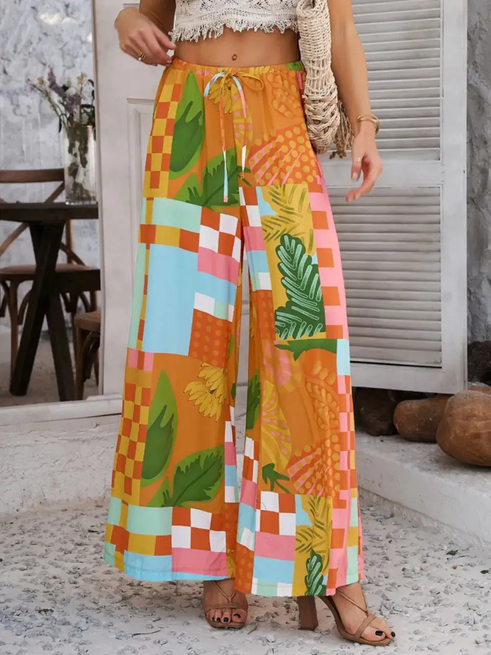 Wide Leg Drawstring Printed Pants