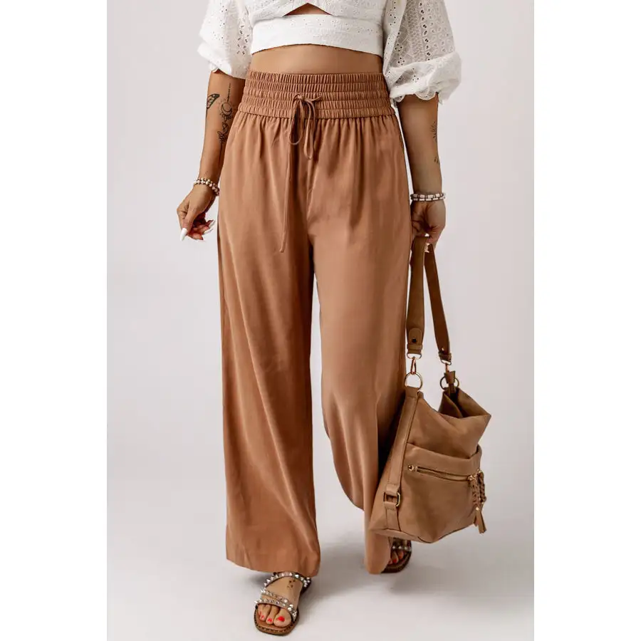 Drawstring Smocked Waist Wide Leg Pants