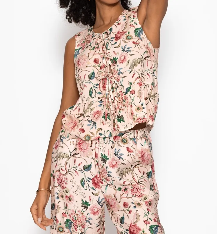 Cream Beige Floral Print Tie Top