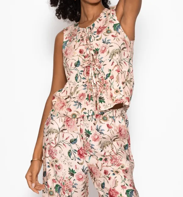 Cream Beige Floral Print Tie Top