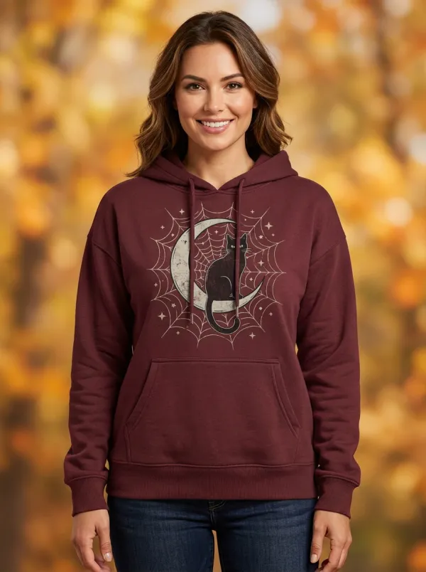 Women's Halloween Black Cat Moon Spiderweb Printed Hoodie