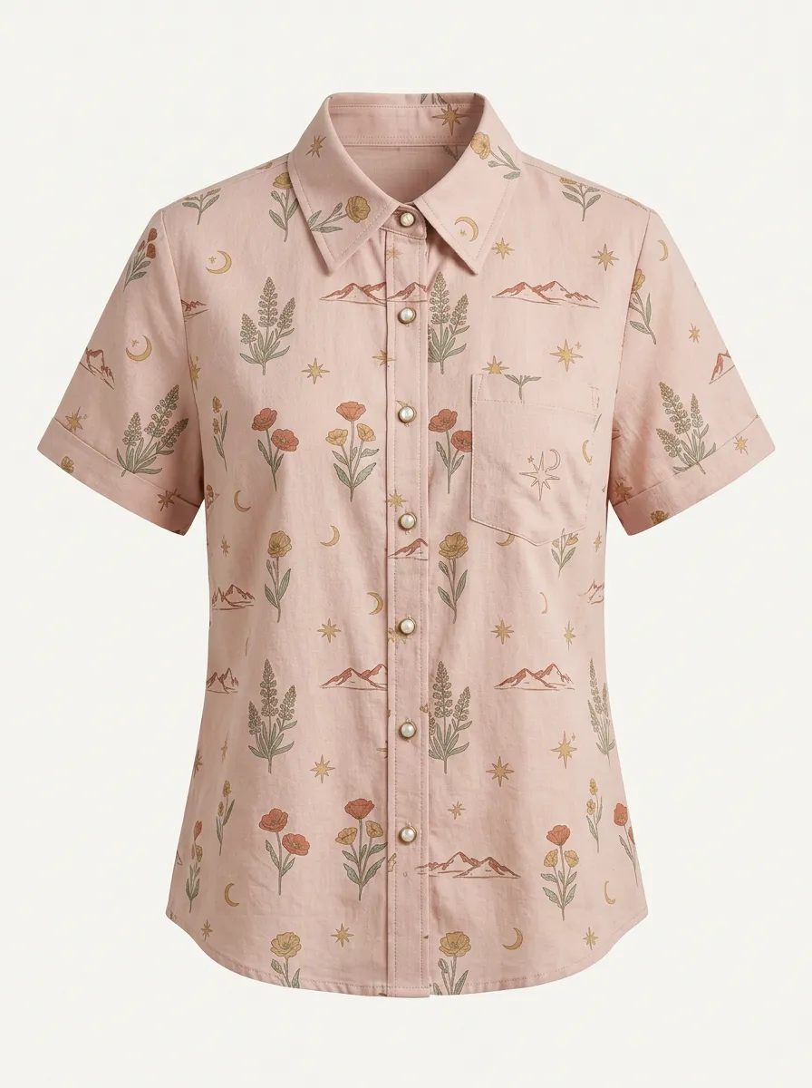 Floral Moon Mountain Western Short Sleeve Shirt