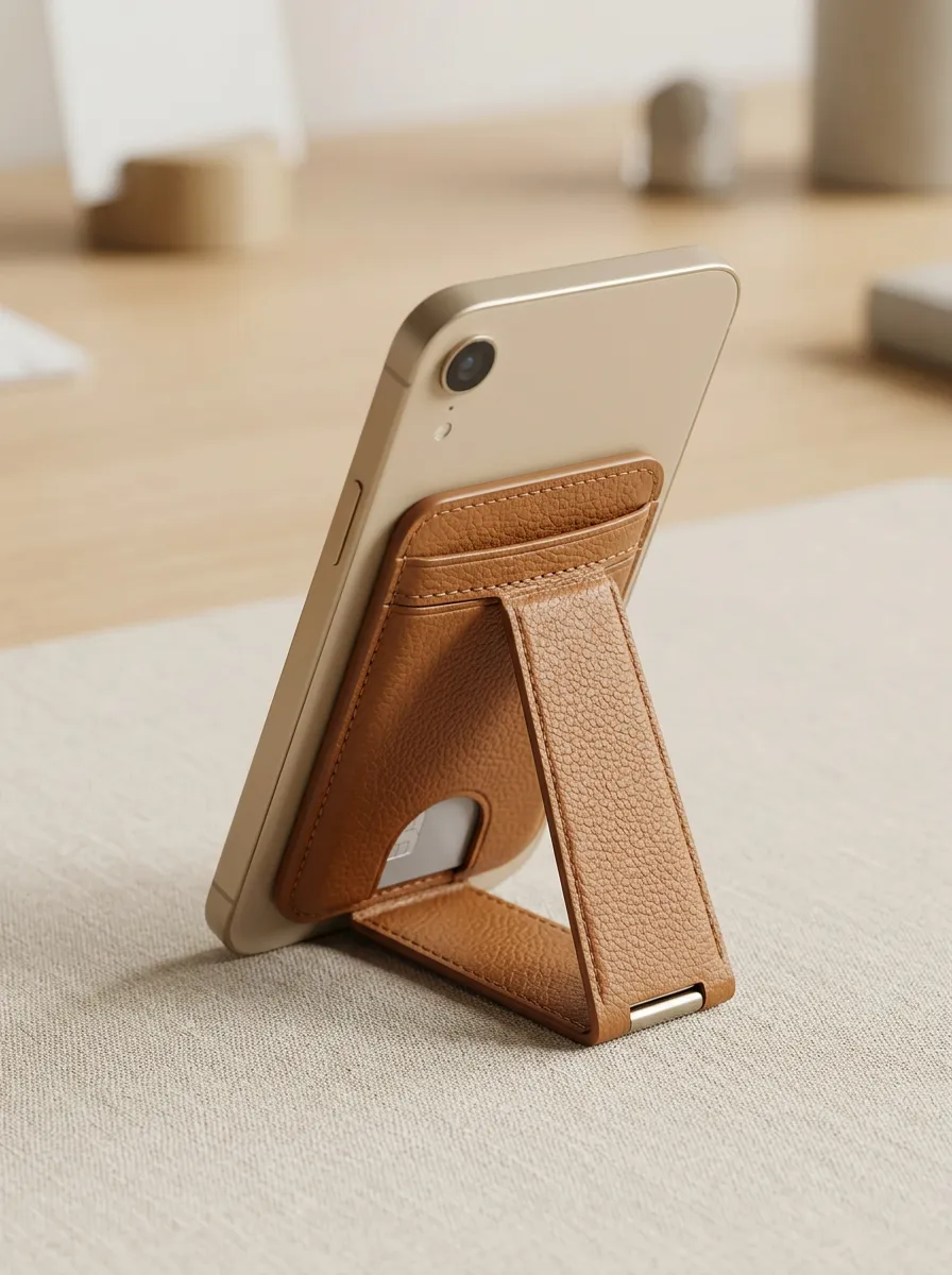 Unisex Minimalist Brown Leather Foldable Phone Card Holder Stand