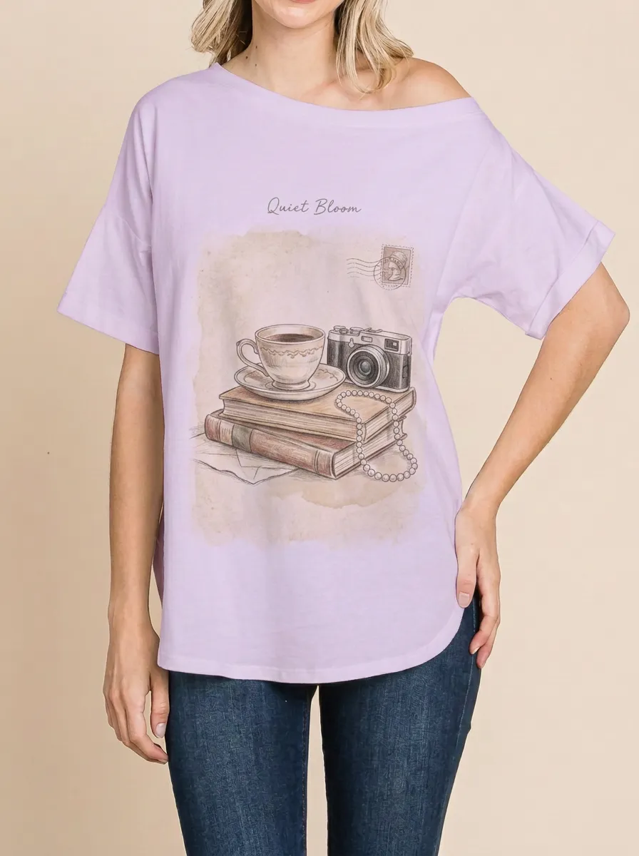 Women's Vintage Aesthetic Coffee Camera Books Printed T-shirt