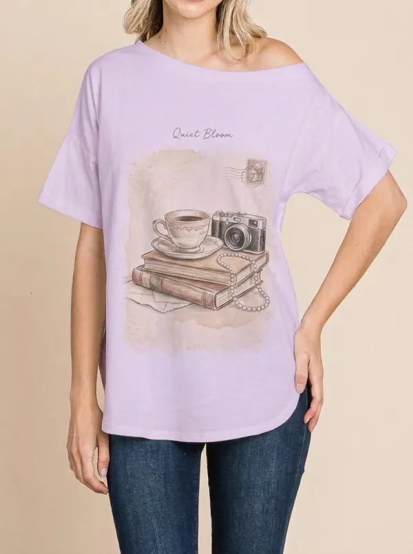 Women's Vintage Aesthetic Coffee Camera Books Printed T-shirt