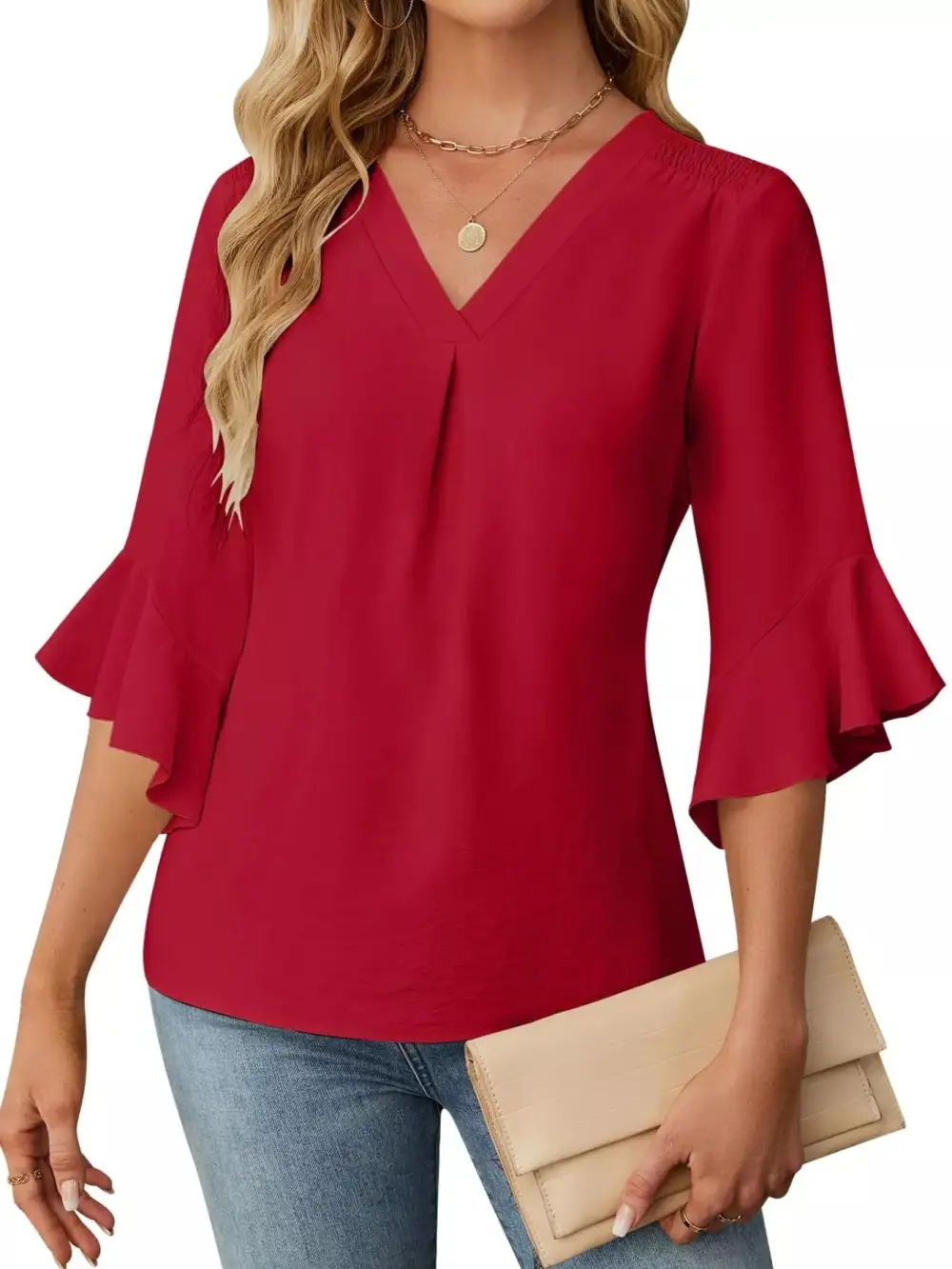 V Neck Ruffle Sleeve Blouse