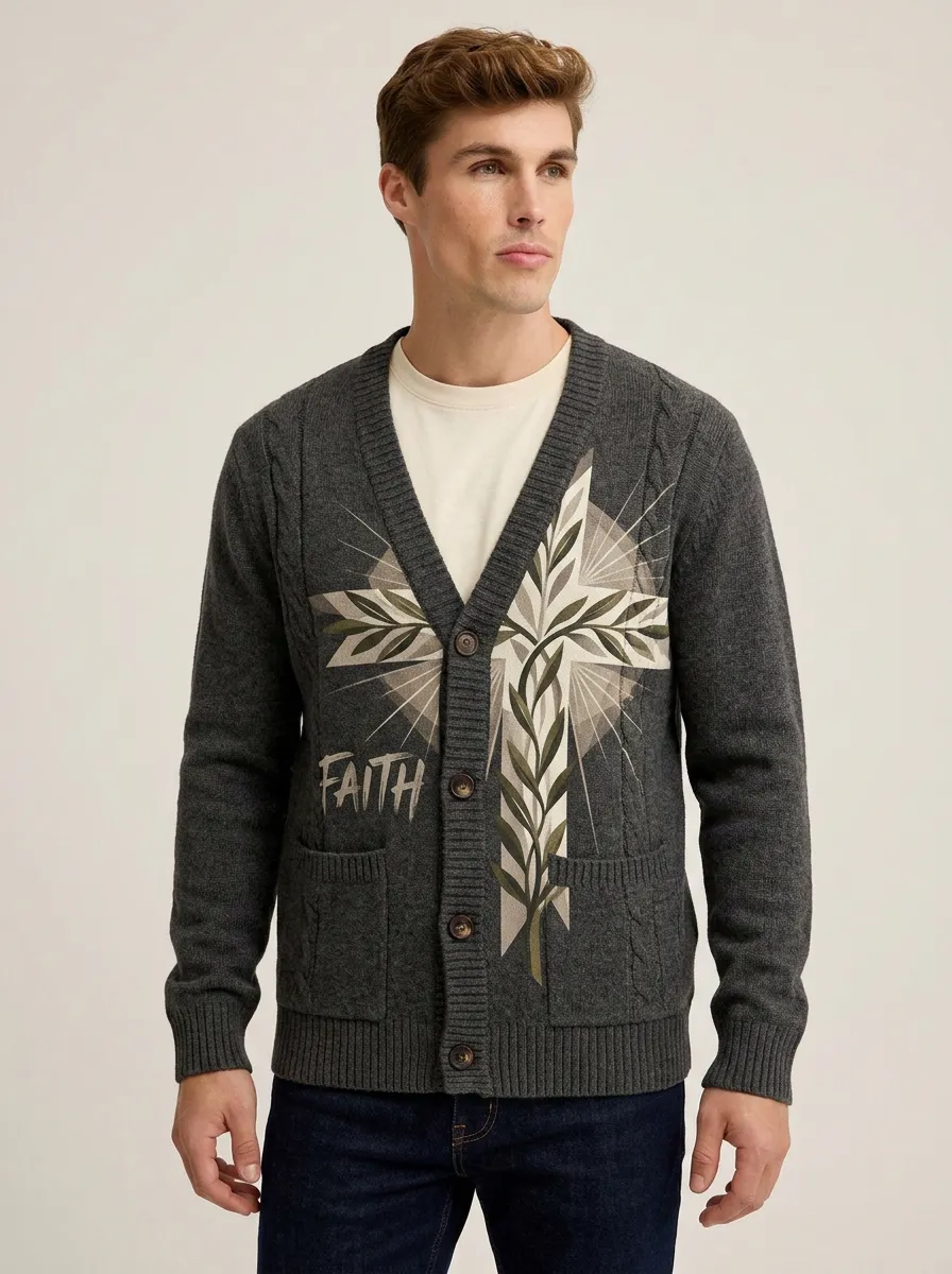 Men's Christian Faith Cross Floral Printed Cardigan