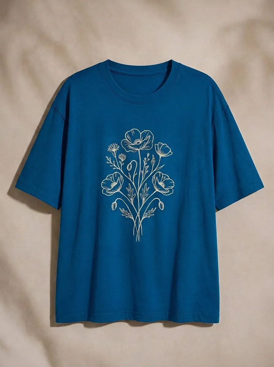 Unisex Botanical Nature Lover Poppy Flower Line Art Printed T-shirt