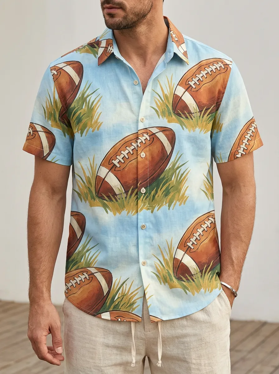 Men's Relaxed American Football Lover Grass Field Printed Button-up Shirt