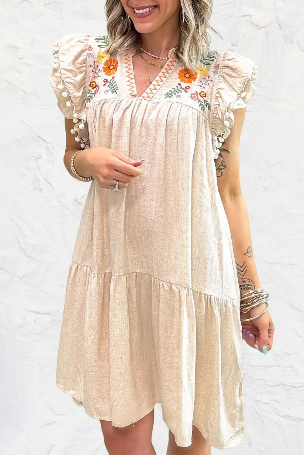 Embroidered Ruffle Trim Mini Dress