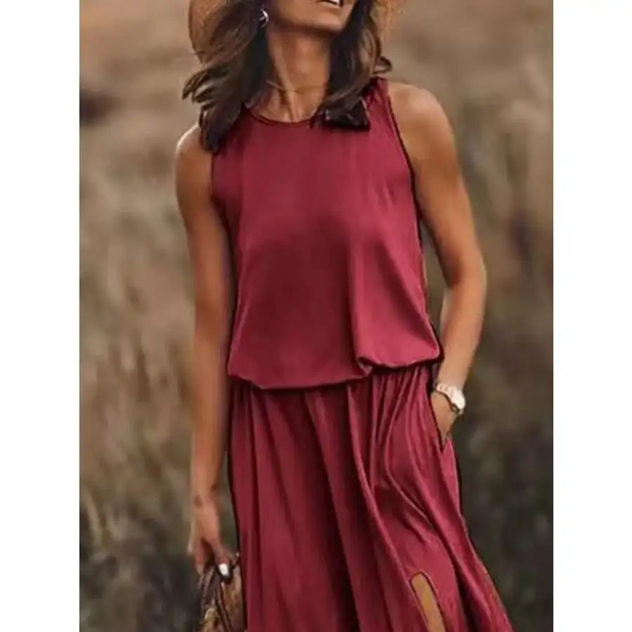 Full Size Round Neck Sleeveless Slit Maxi Dress Plus Size