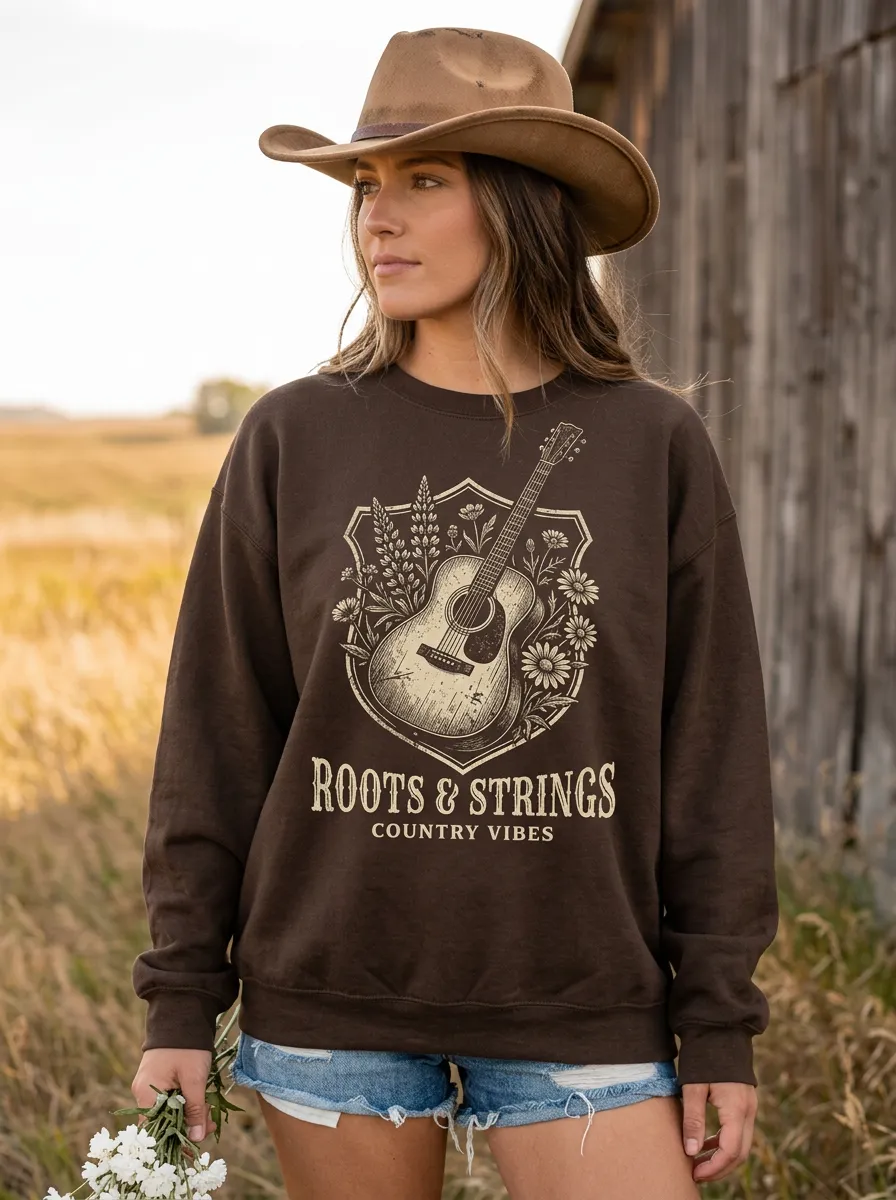 Rustic Guitar Floral Women's Country Music Crew Neck Sweatshirt