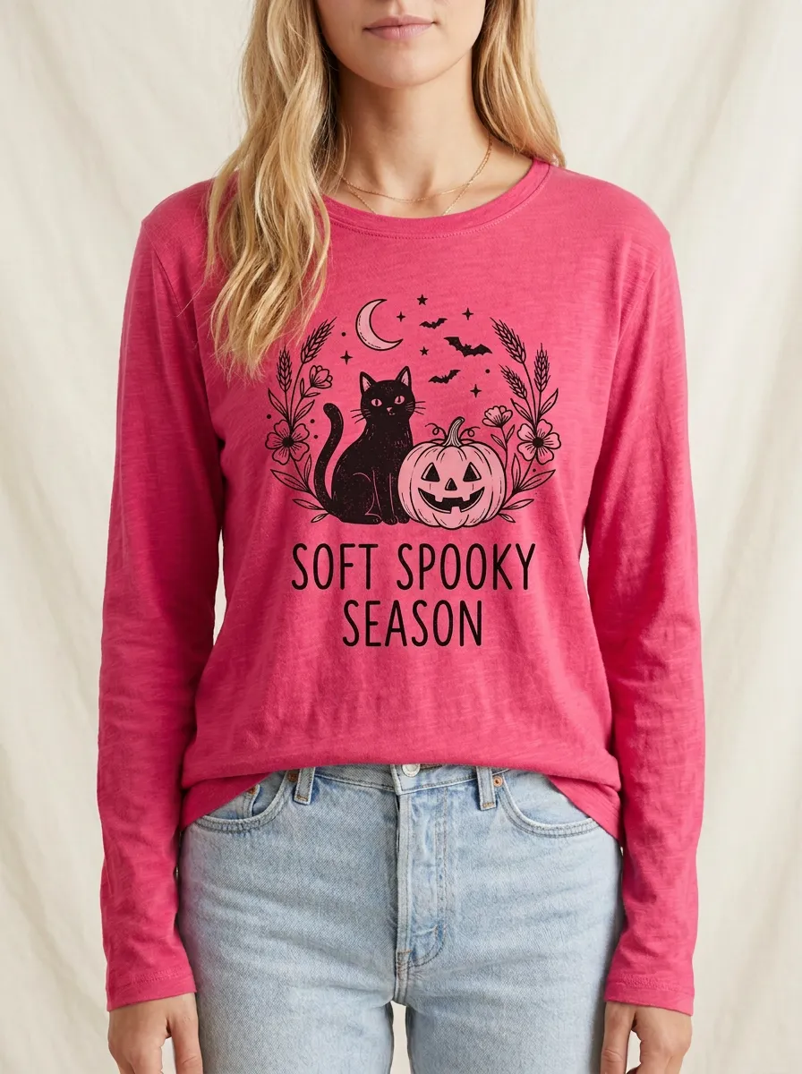 Cat Cat Spooky Halloween Cotton Linen Long Sleeve Top