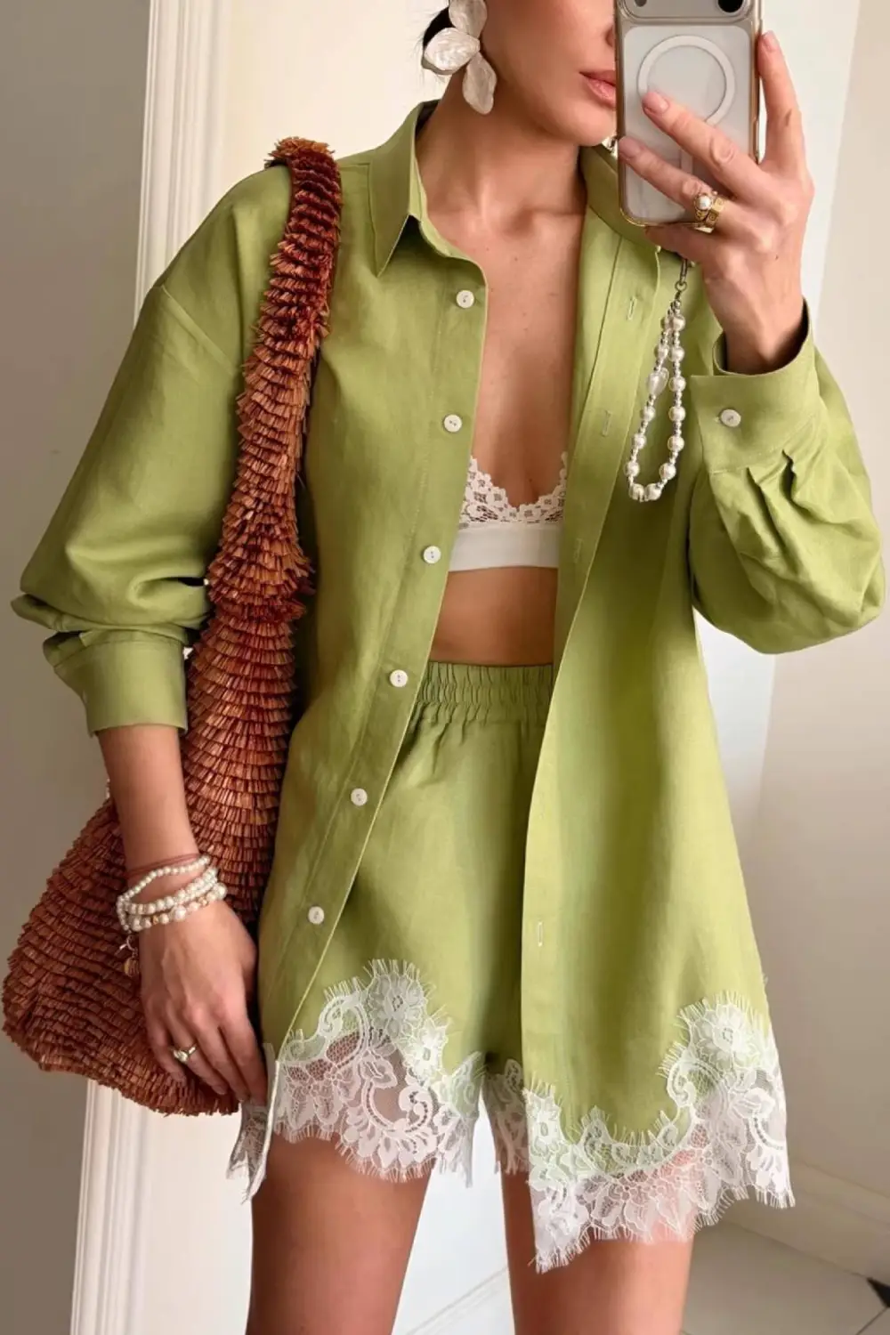 Emma Lapel Long-Sleeve Shirt & Lace-Paneled Shorts Set