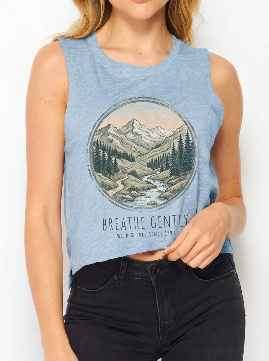 Women's Nature Lover Mountain Forest Breathe Gently Printed Crop Tank Top