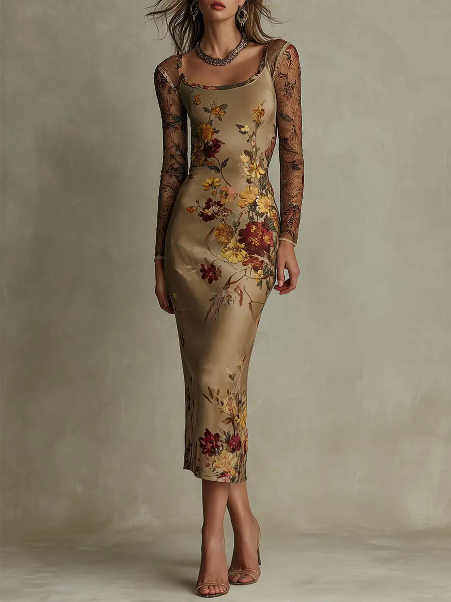 Vintage Floral Satin & Sheer Lace-Sleeve Midi Dress