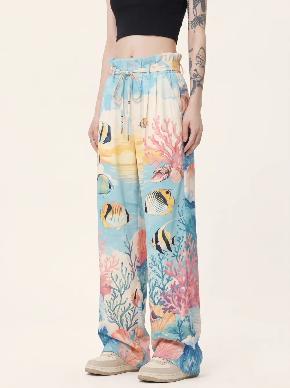 Women's Ocean Lover Tropical Coral Fish Printed Wide Leg Pants