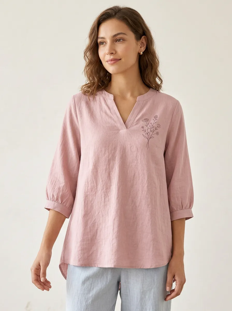 Women's Pink Floral Minimalist Cotton And Cotton And Linen Art Printed V-Neck Top