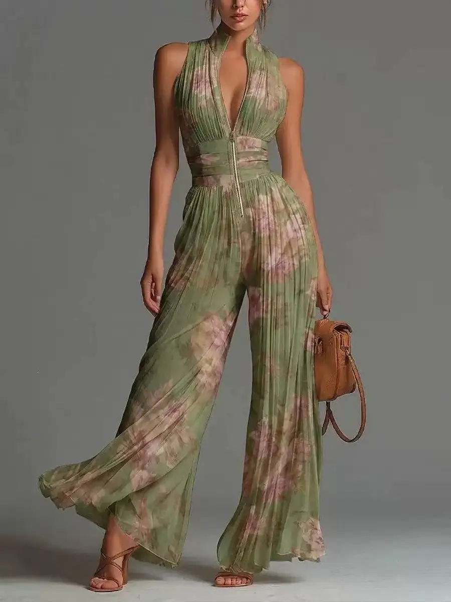 High Waisted Sleeveless Flower Print Pleated Zipper V