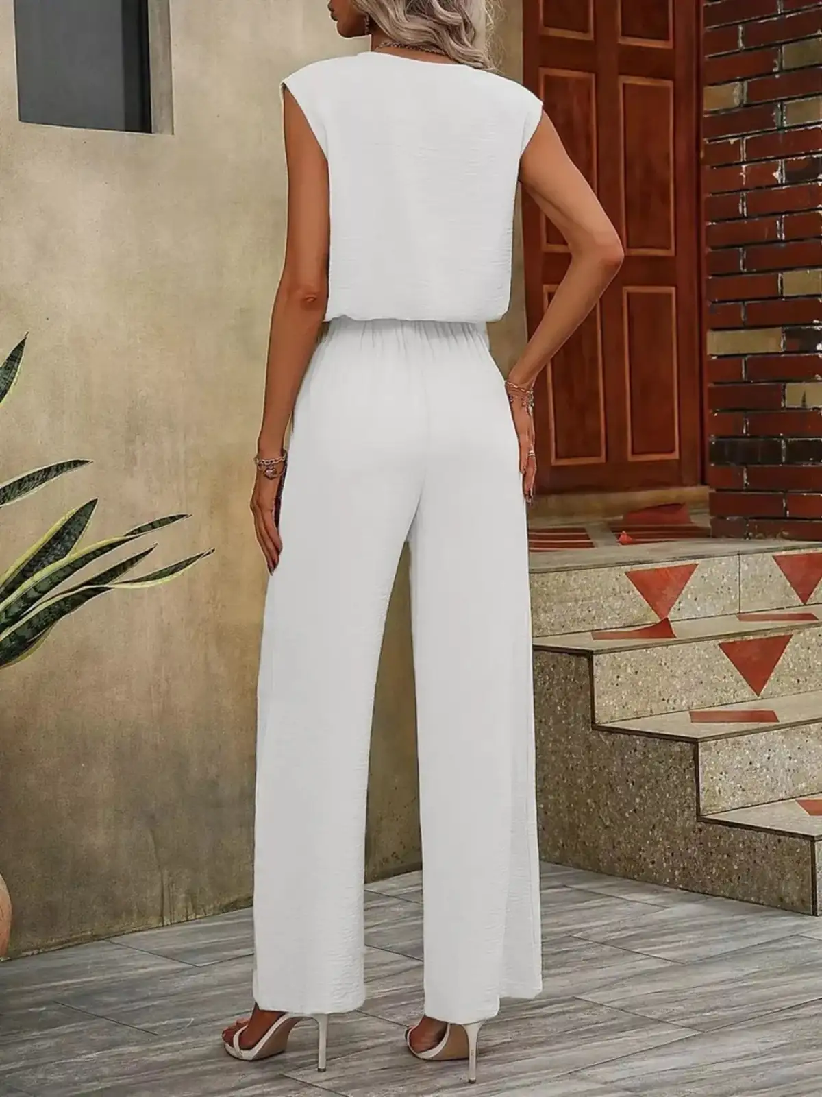 Refined V-Neck Wide-Leg Pants Matching Set
