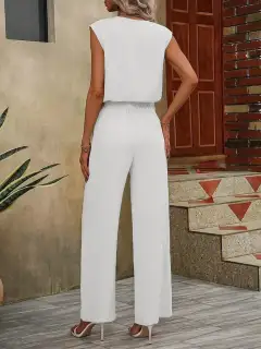 Refined V-Neck Wide-Leg Pants Matching Set