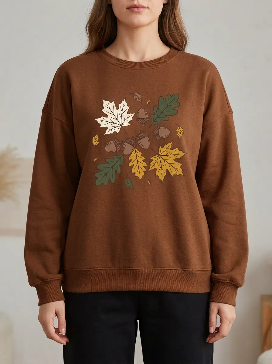 Ribbed Maple-Leaf Printed Acorn Graphic Sweatshirt