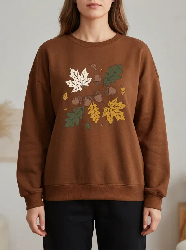 Ribbed Maple-Leaf Printed Acorn Graphic Sweatshirt