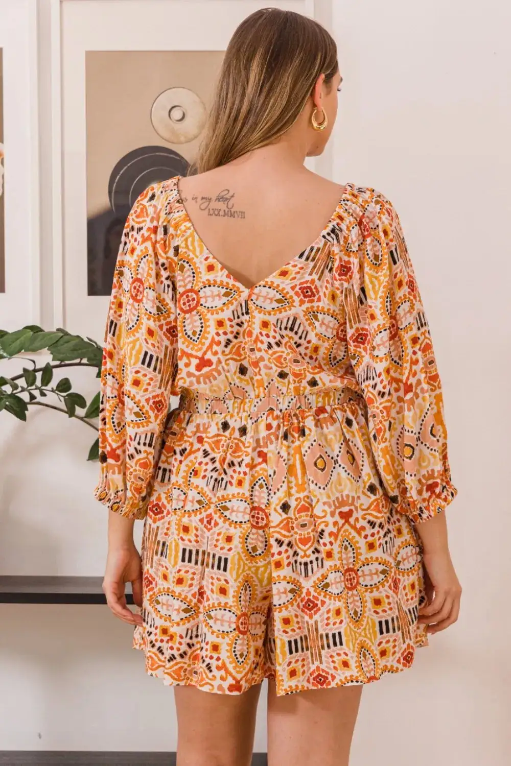 Printed Ruffle Sleeve Romper with Pockets