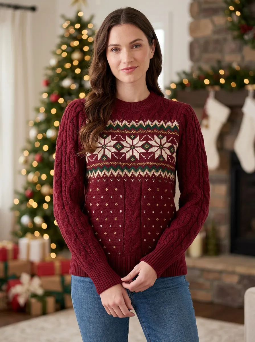 Christmas Holiday Snowflake Fair Isle Pattern Knit Sweater