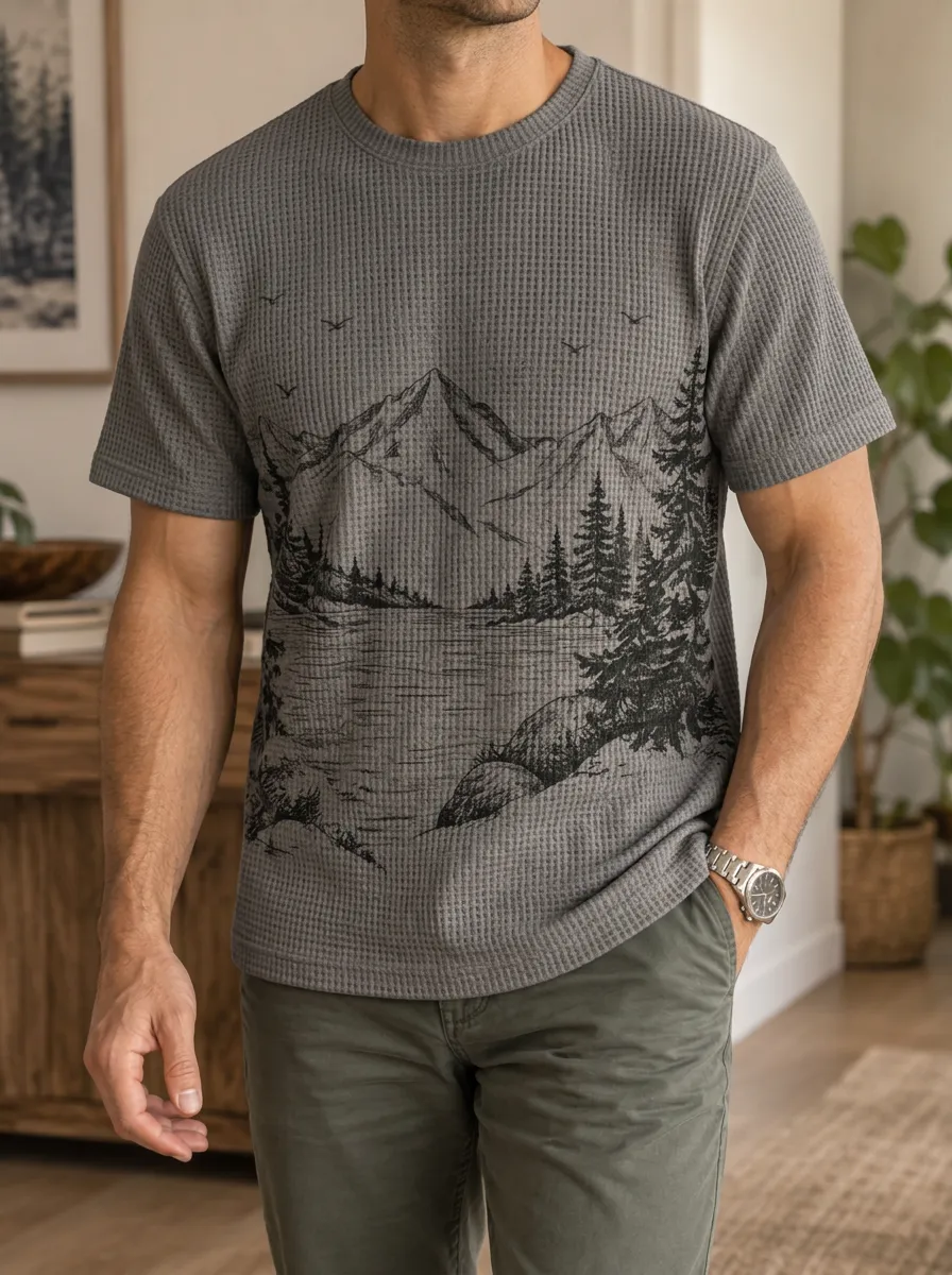 Men's Nature Lover Mountain Forest Landscape Waffle Contemporary Crew Neck T-Shirt