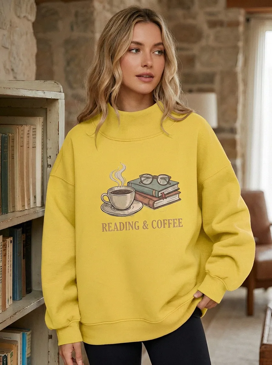 Women's Book Lover Coffee Reading Printed Sweatshirt