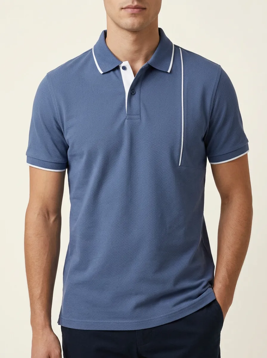 Men's Classic Knit Ribbed Textured Contrast-Piping Contrast-Trim Polo Shirt
