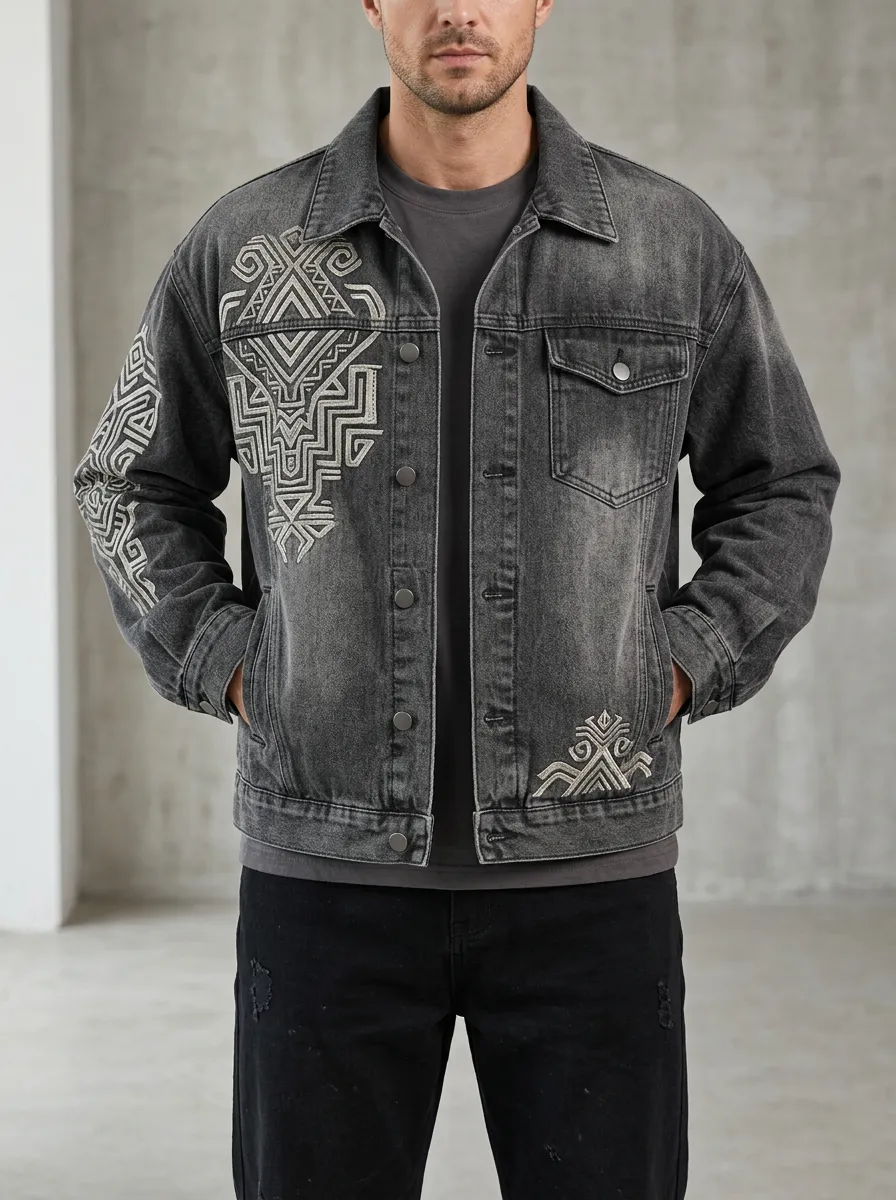 Men's Expressive Motif Tribal Geometric Denim Jacket