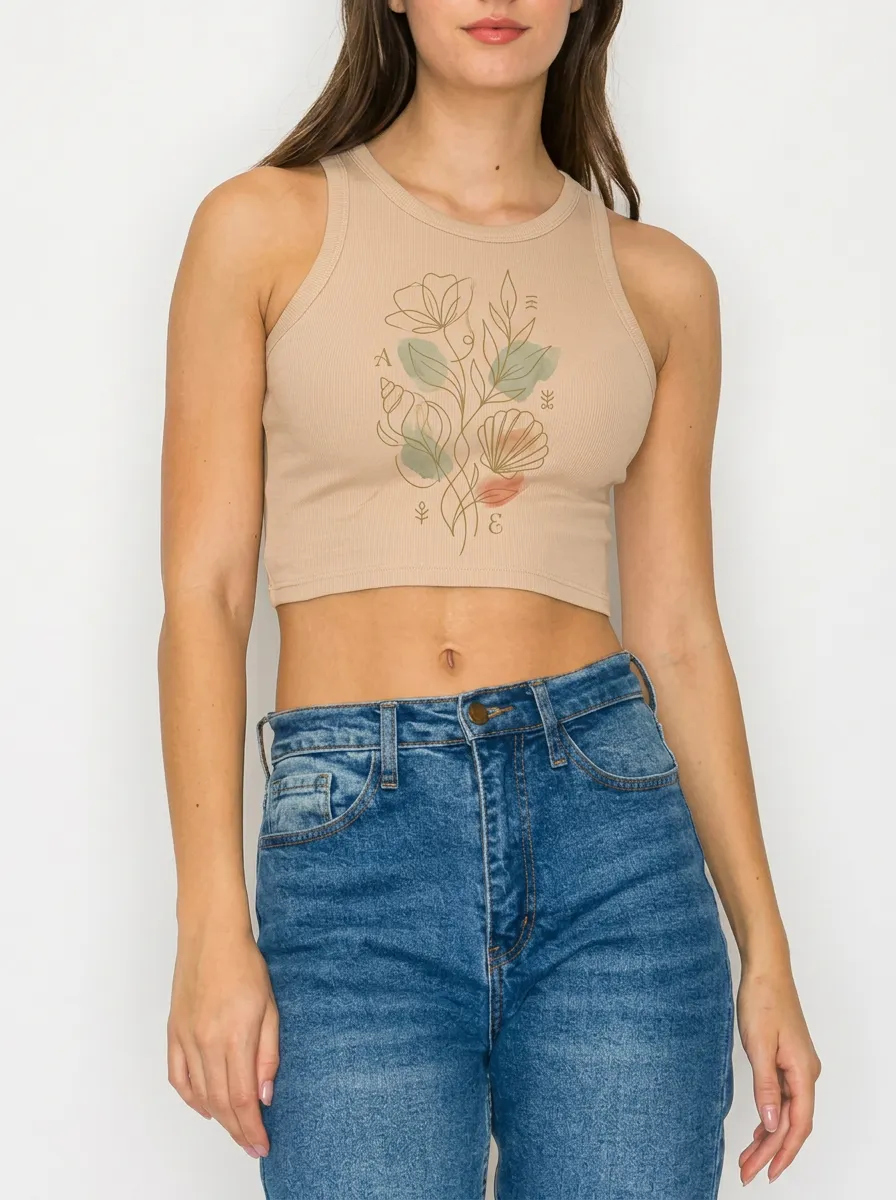 Women's Botanical Floral Seashell Line Art Printed Crop Tank Top