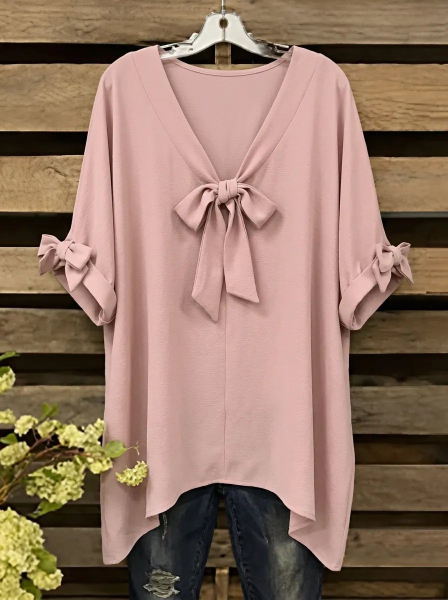Women's V-neck Bow-detail Elbow Sleeve Blouse