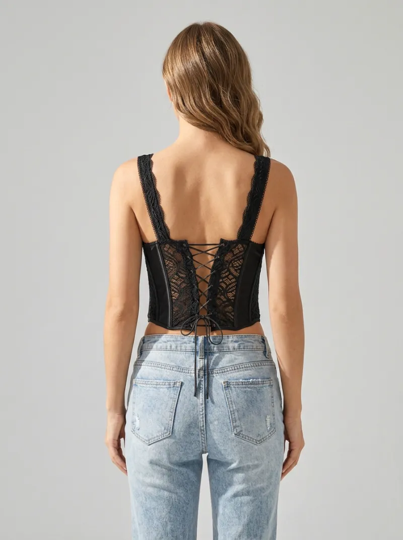 Lace-Trim Gothic-Inspired Button-Front Vintage-Inspired Women's Corset Top