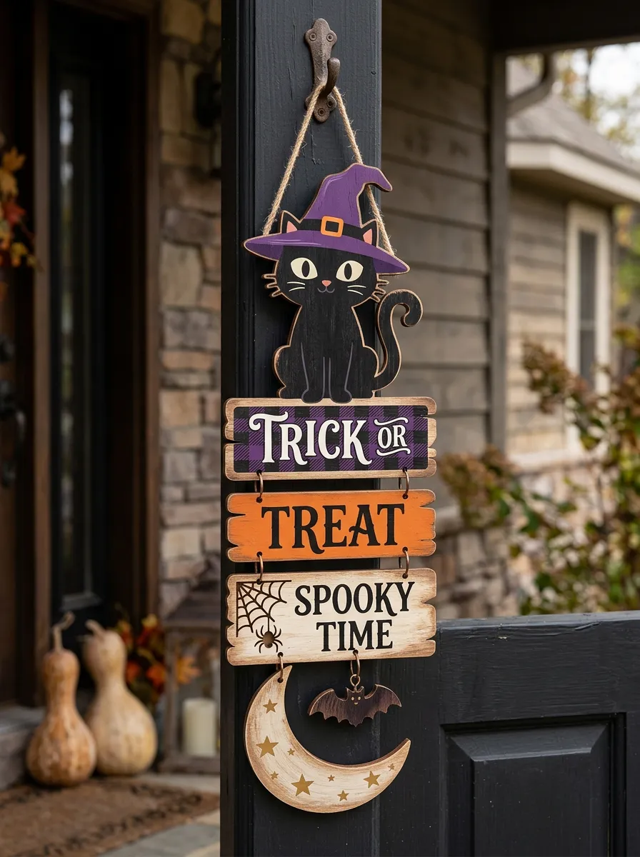 Halloween Cat Trick or Treat Spooky Time Hanging Door Sign
