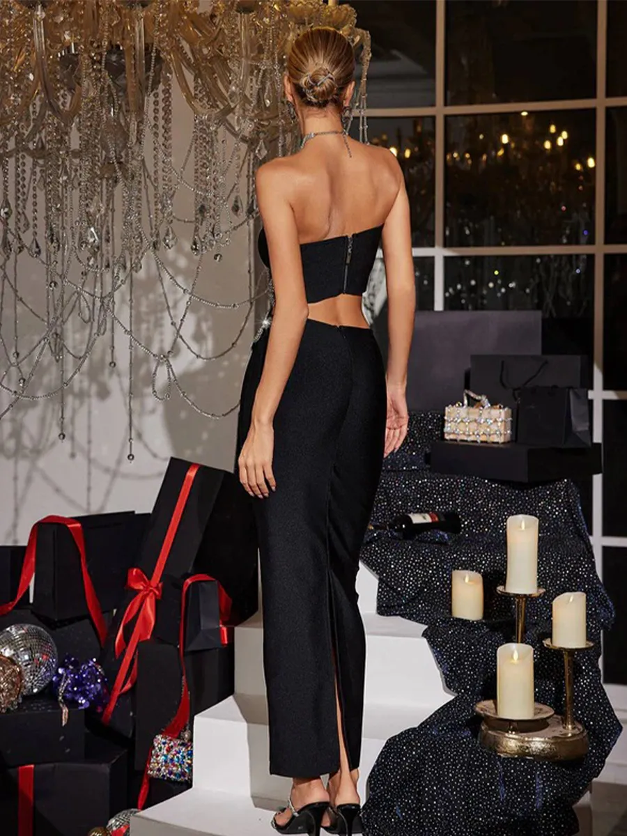 Almira Strapless Flower Bandage Skirt Set In Black