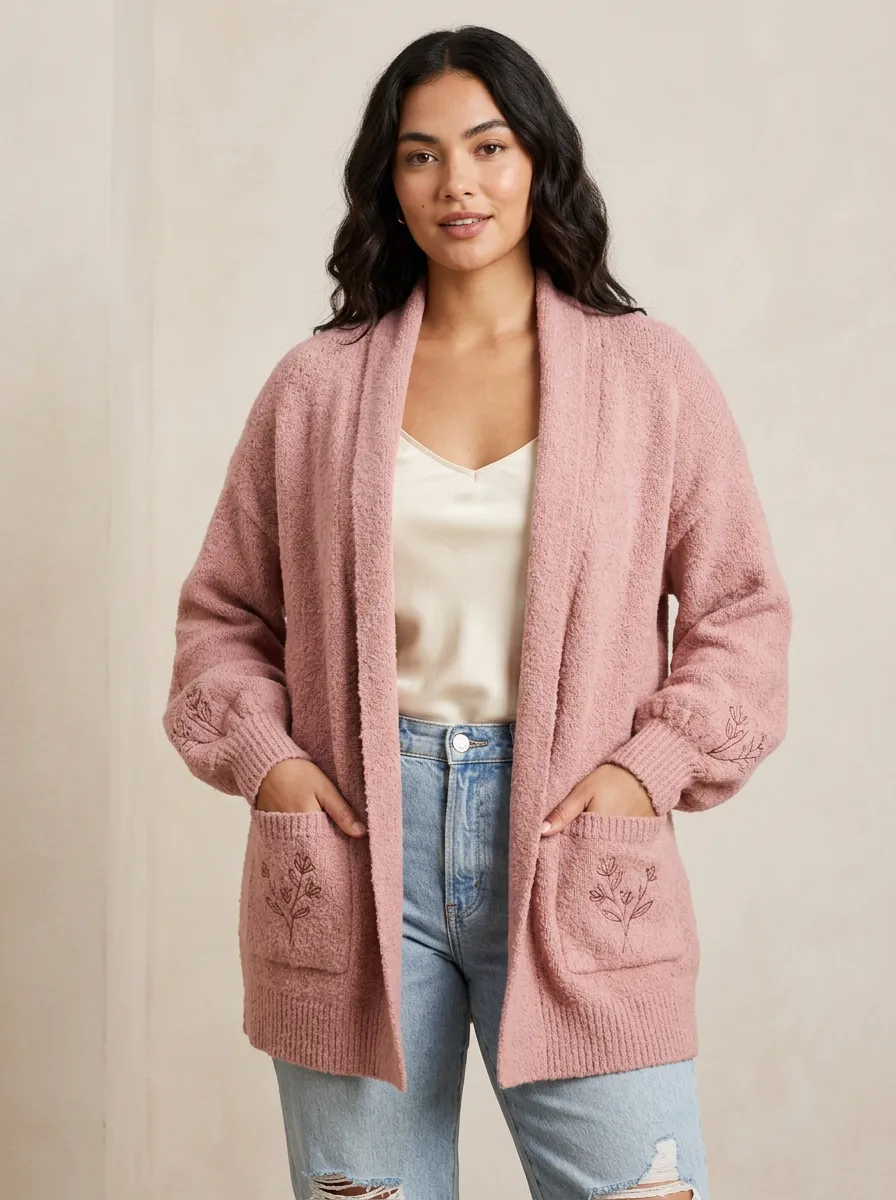 Pink Floral Embroidered Knit Cardigan