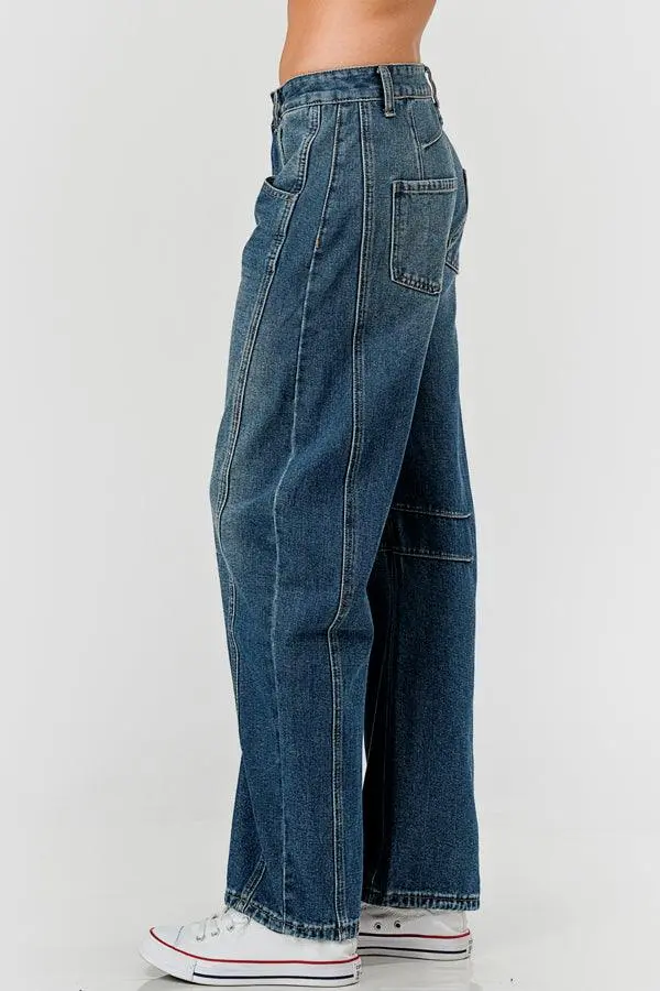 Relaxed Mid Rise Barrel Denim Pants