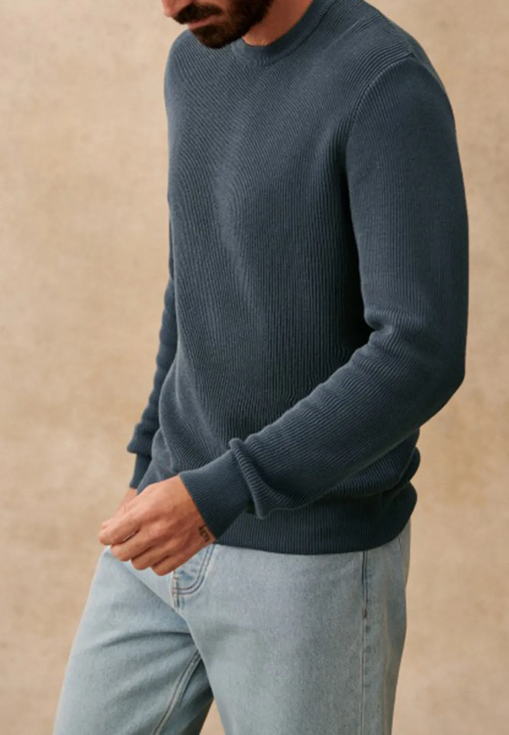 Steel Blue Ribbed Knit Crew Neck Sweater